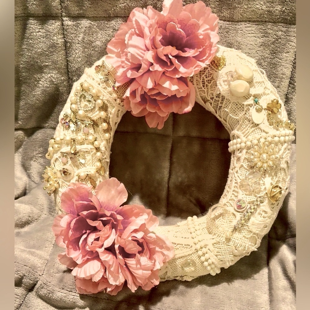 Shabby Chic Floral Lace Wreath with pearls & rhinestone decorated.